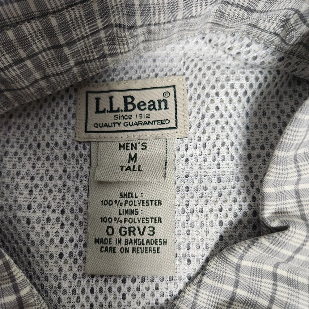 LL Bean Shirt Men M Tall Yellow Gray Plaid Mesh Line Vented Back Roll Tab Hiking
